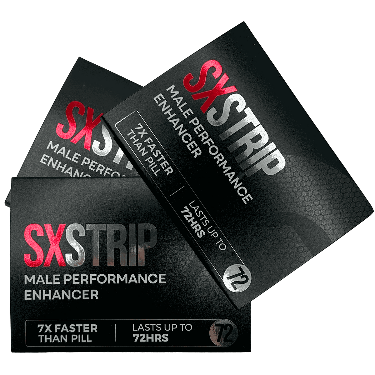 Male performance enhancer strips in black packaging with red and silver lettering, labeled SXSTRIP; Alphastrip (20 pack)
