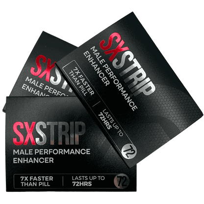 Male performance enhancer strips in black packaging with red and silver lettering, labeled SXSTRIP; Alphastrip (20 pack)