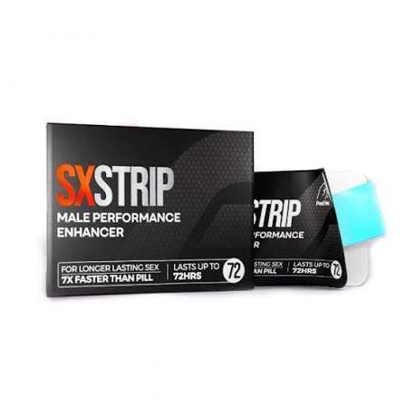 Male performance enhancer strip pack, black SXSTRIP boxes with orange and white lettering, Alphastrip (20 pack) and blue strip.